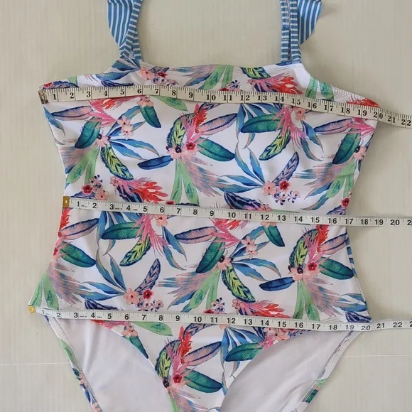 Oasis Ruffle Tropical Floral One Piece Swimsuit XXL Blue White - Picture 14 of 16